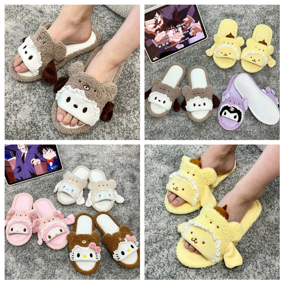 Sanrio Cartoon Open Toe Slippers Kuromi My Melody Pom Pom Purin Indoor Shoes Lovely Cinnamoroll Shoes Flat Girl Summer Autumn