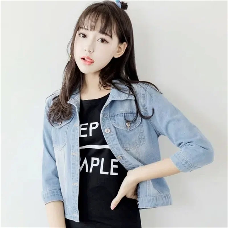 Jaqueta jeans feminina meia manga jean jaqueta mulher elástica confortável denim casaco curto jaqueta jeans feminino estudante topo