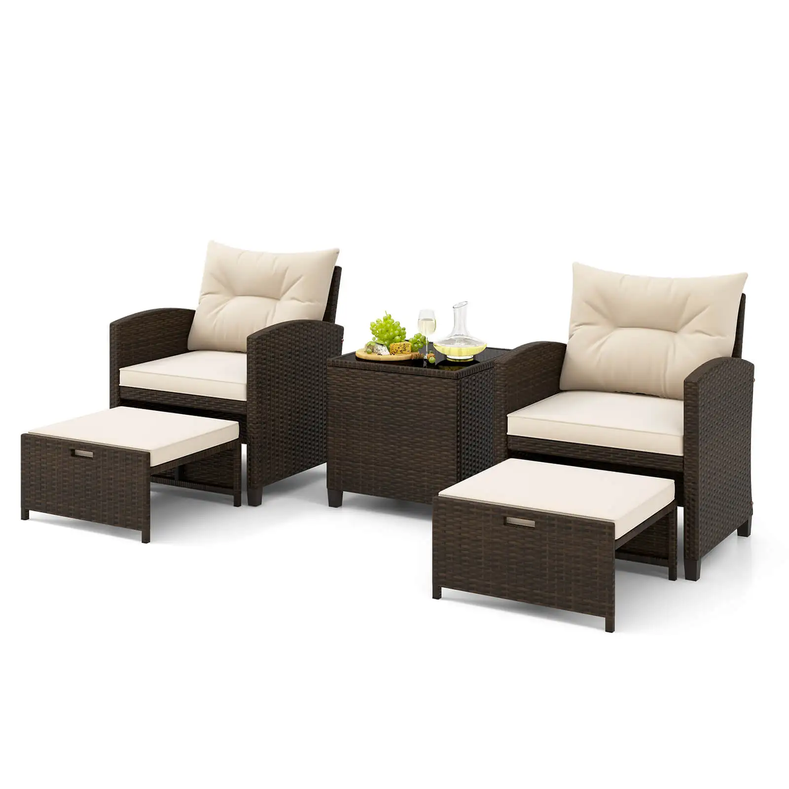 5 Piece Patio Rattan Furniture with 2 Ottomans & Tempered Glass Coffee Table Off White