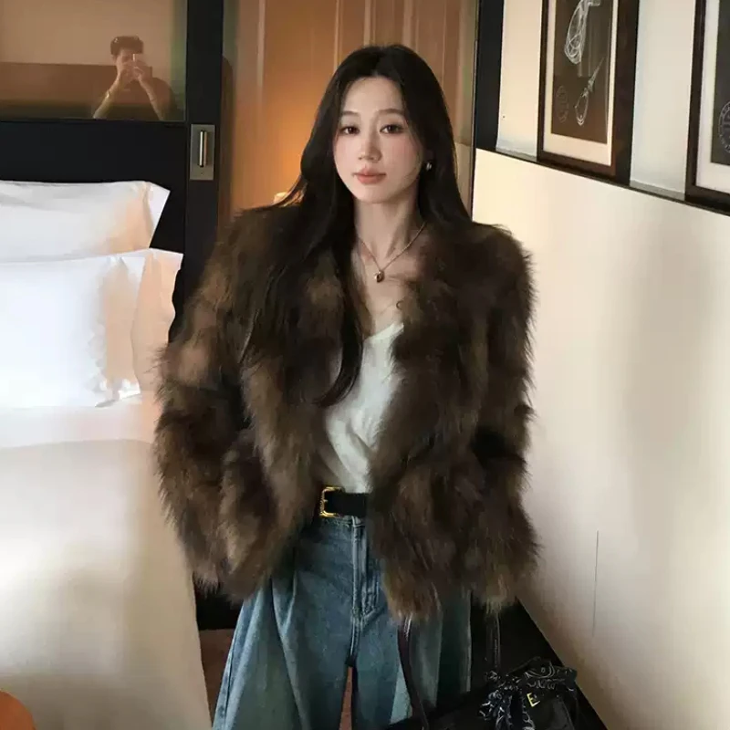 レディースフェイクファーブレンドファー秋冬長袖Vネック韓国服冬服スリムフィットファッション女性コート