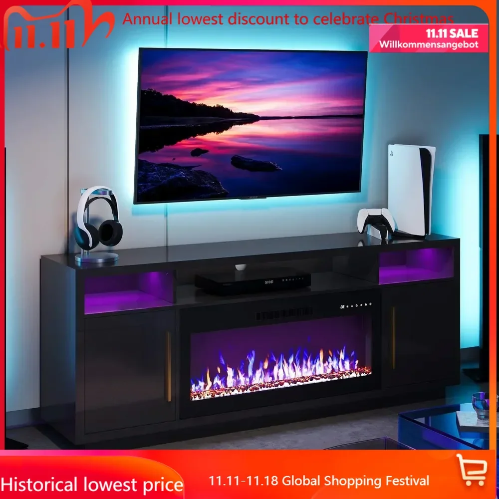 

70" Fireplace TV Stand for TVs Up to 75", LED Light Entertainment Center with 36" Electric Fireplace Heater, Storage Cab