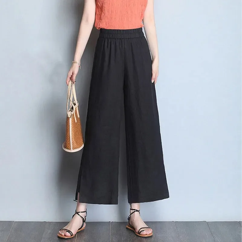 Pantalones de lino y algodón de pierna ancha de cintura alta para mujer, falda informal artística fina de verano, pantalones holgados adelgazantes de nueve puntos