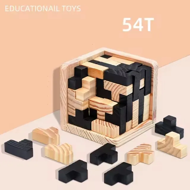 3D Cube Puzzle Luban Interlocking Creative Educational Wooden Toy Brain IQ Mind Early Learning Game Gift for Children Letter 54T