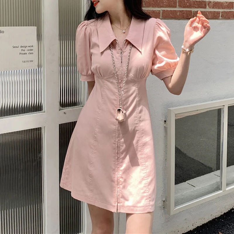 Women Korean Fashion Polo Collar Solid Sweet Chic Zipper Mini Dress 2024 Summer Casual Short Sleeve Slim Dresses Elegant Vestido