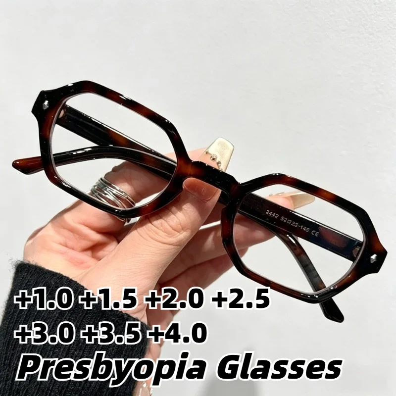 Neue Lesebrille mit polygonalem Rahmen und Blaulichtfilter, Unisex, stilvolle Retro-Presbyopie-Brille, Dioptrien +1,0 bis +4,0