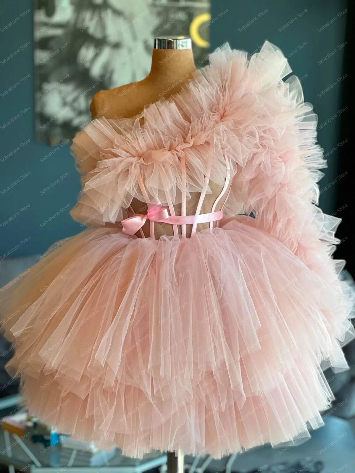 Cute Pink Short Tulle Prom Dresses Long Sleeves One Shoulder   Ruffles See Thru Ball Gown Ruffles Birthday Party Dressing Gowns