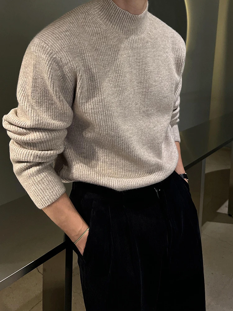 New 2024 Winter Men's Sweaters Casual Solid Color Half Turtleneck Knitting Tops Thickened Pullover Male Loose Tops Niche