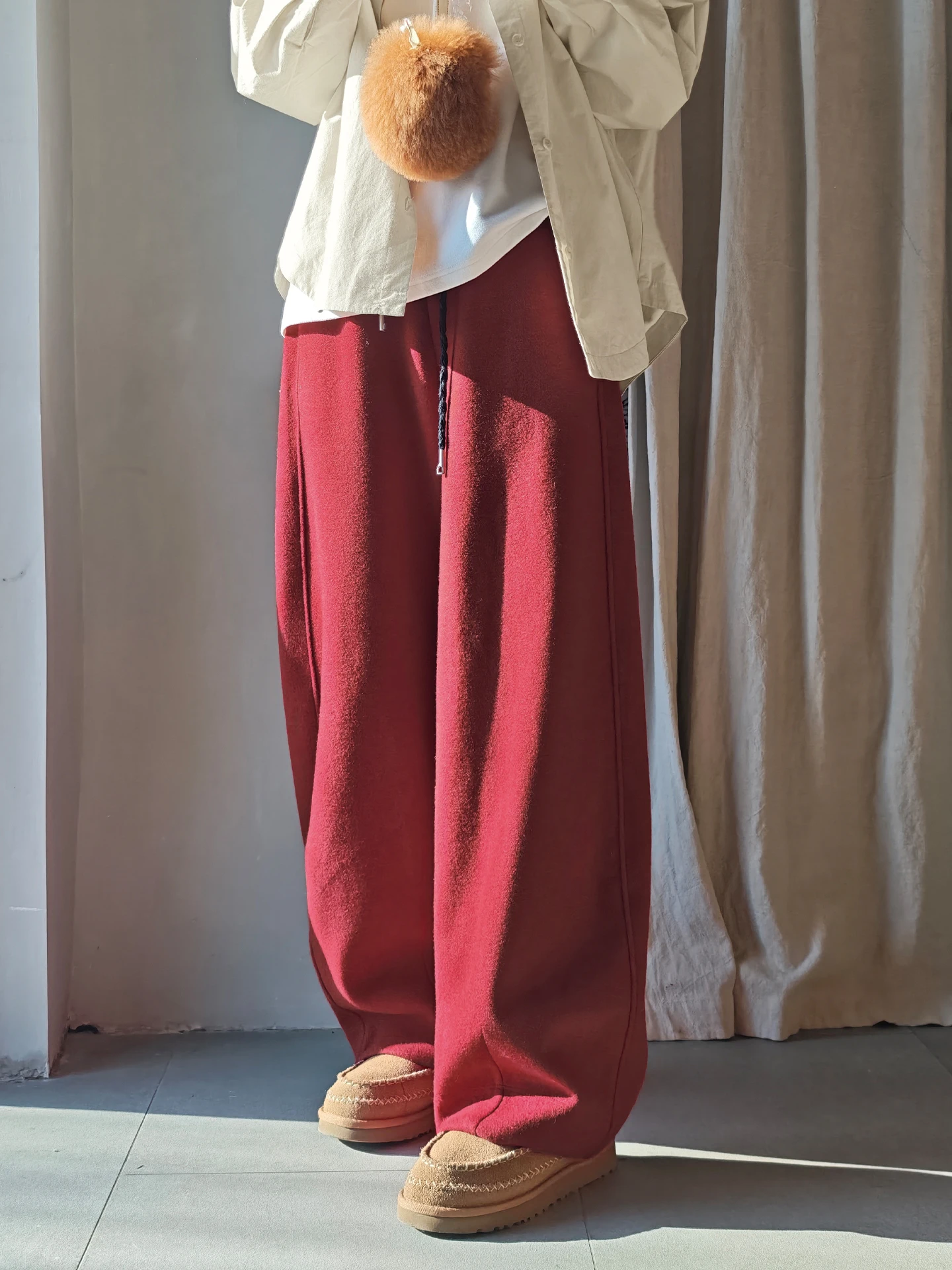 

Thiened шерстяные широкие брюки для женщин, новогодние повседневные зимние брюки с высокой талией, удобные зимние брюки из смеси полиэстера, эластичное волокно