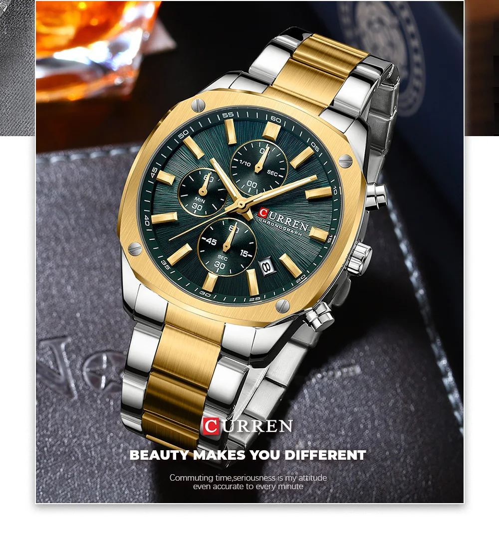 CURREN Business Casual Chronograph Uhr für Herren mit Edelstahlarmband und schwarzem Zifferblatt, leuchtenden Zeigern - Quarzwerk – Detail 11