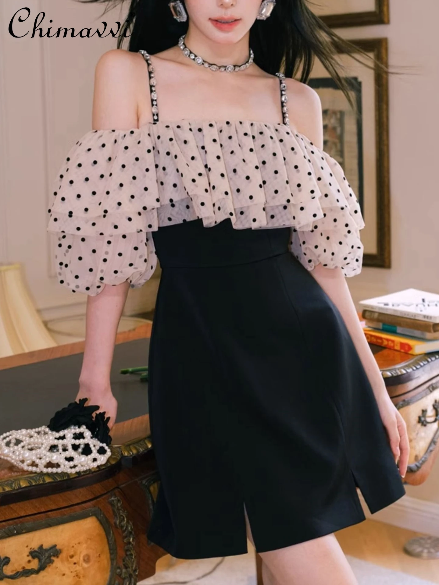 

French Retro Temperament Suspender Splicing Ruffle Edge Polka Dot Mesh Dress 2025 Summer New High-end Slim Party Dress Women