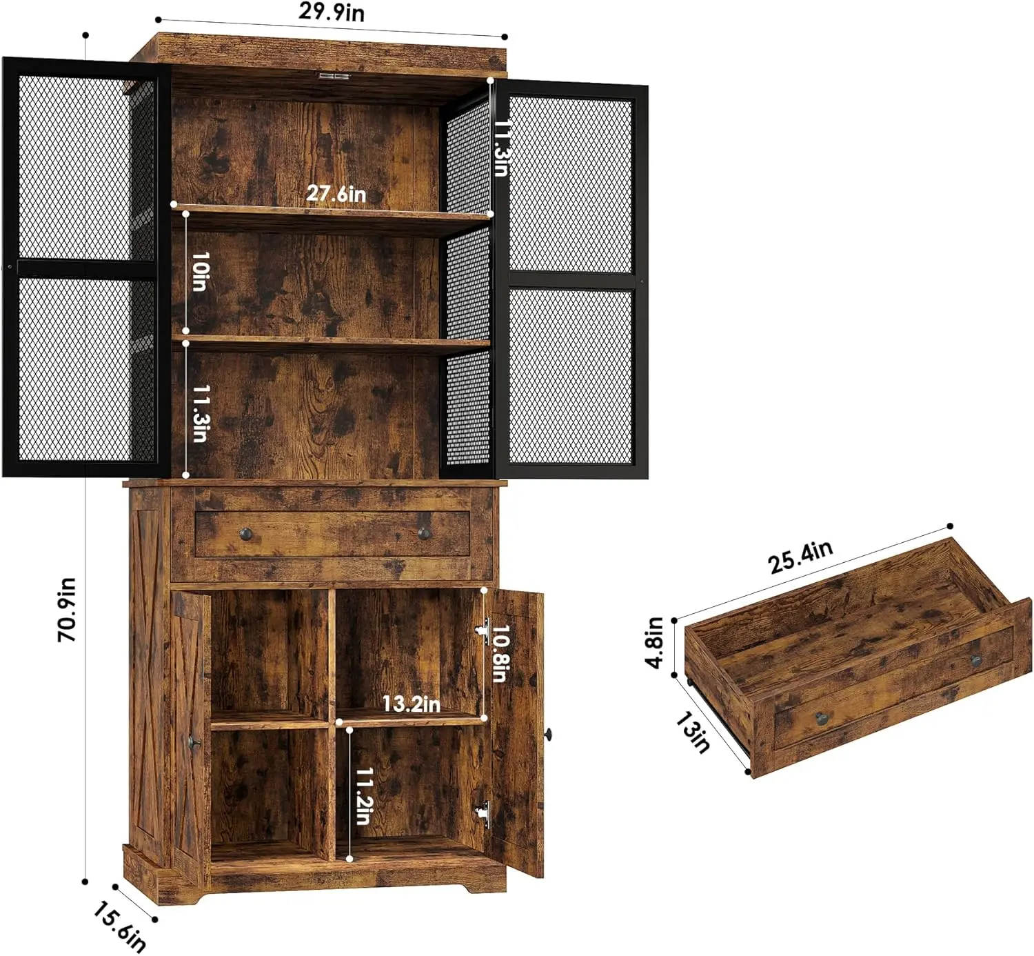 Armadio dispensa da 71 ", armadio dispensa da cucina con ripiano regolabile, cassetto e porta del fienile, armadio alto, Bar