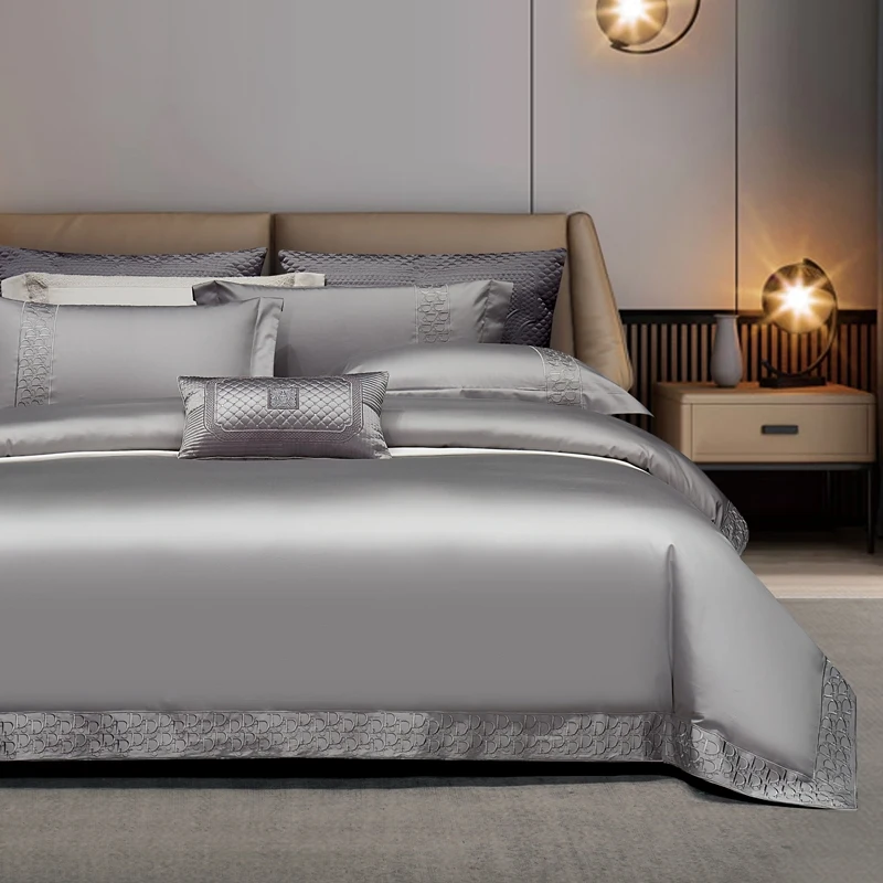 High End Hotel Style Bedding Set Luxury Gray Egyptian Cotton Solid Color Embroidery Home Decor Duvet cover Bed Sheet Pillowcases