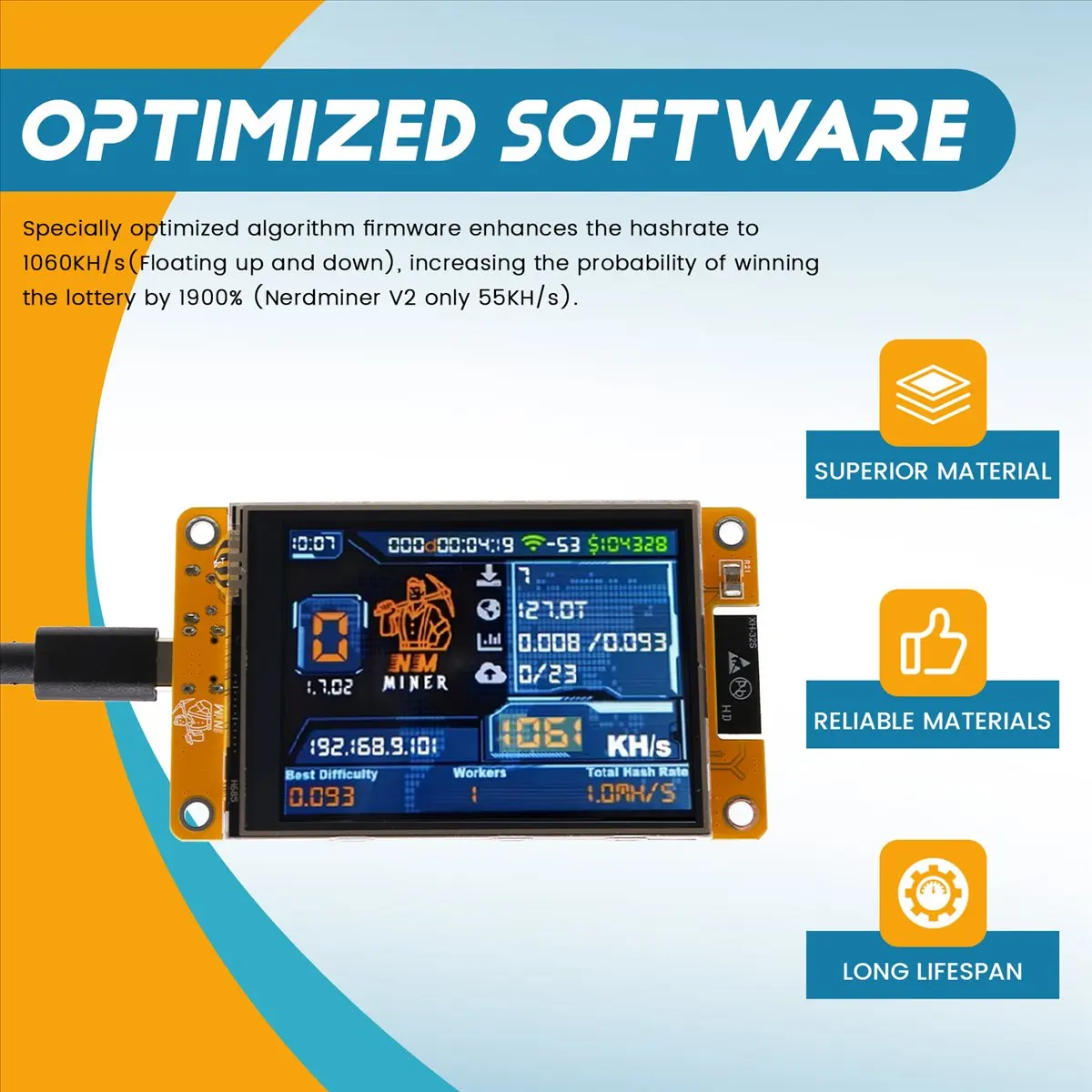 Qualified- 1060KH/S NMMiner NerdMiner 2.8 Inch Smart Display Bitcoin Crypto Solo Lottery Miner Upgraded Harshrate NerdMiner