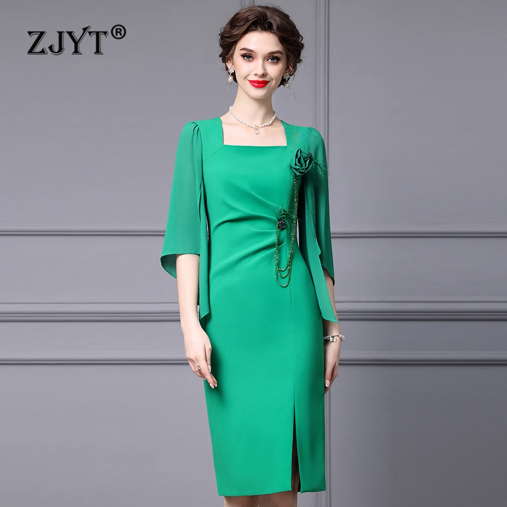 

ZJYT Designer Elegant Beading 3D Floral Prom Party Dresses for Women Summer 2024 Fashion Square Collar Red Green Pencil Dress