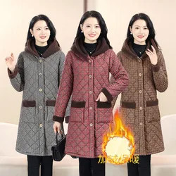 Fashion Hooded Fleece Cotton-padded Jacket Winter New Splicing Warm Cotton-padded Coat Middle-aged And Elderly Plaid Coat Female