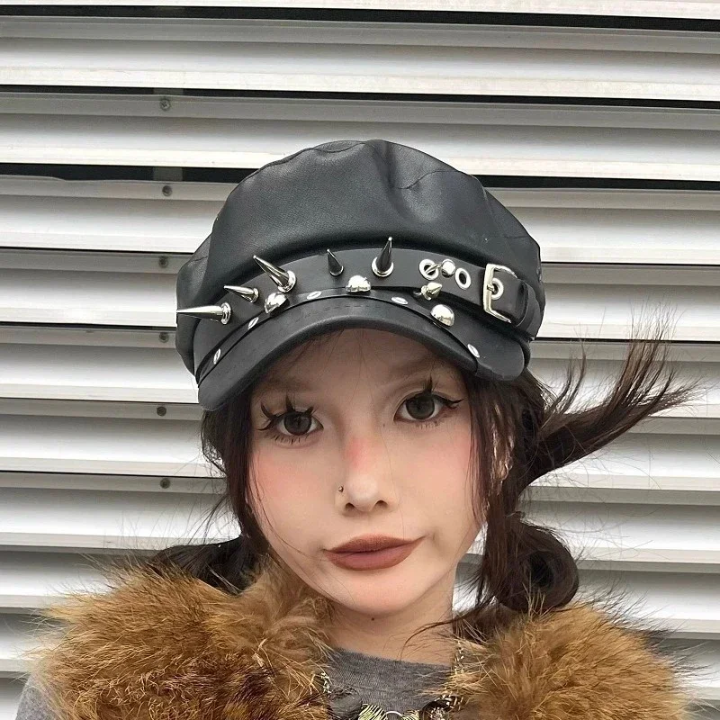 Punk Style Harajuku Gothic Lolita Hat Women Punk Retro Style Beret Subculture Metal Cap Streetwear Rivet Spike Arm Cap