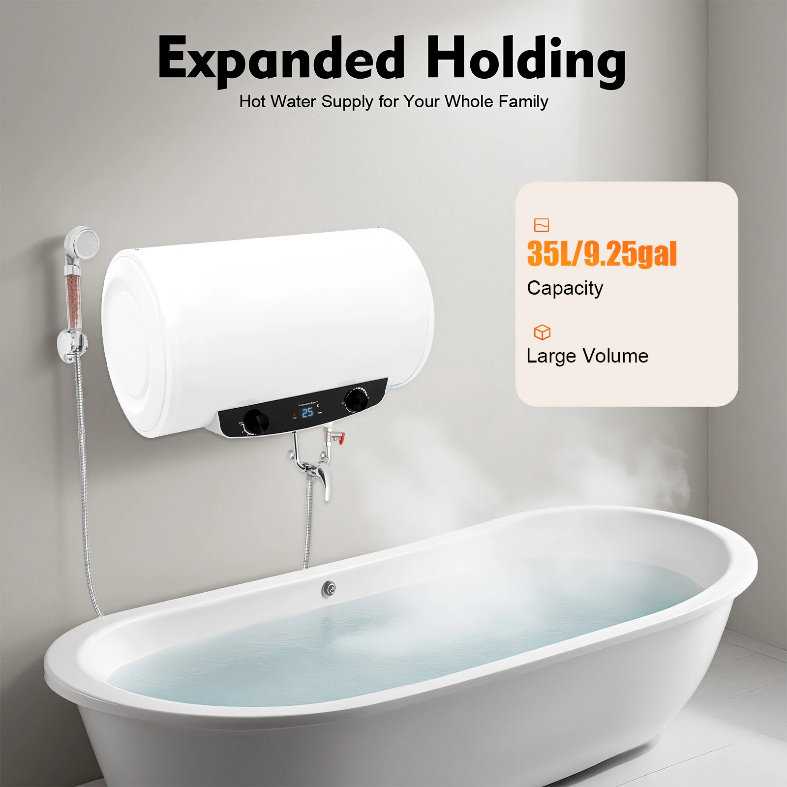 

35L Electric Water Heater, IPX4 Waterproof,1500W Fast Heating, 9.25Gal Capacity with Shower Set, for Kitchen & Bathroom