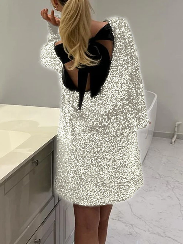 Sexy glitter o-pescoço festa feminina vestido curto moda brilhante lantejoulas midi vestido elegante sem costas arco rendas até banquete vestido curto