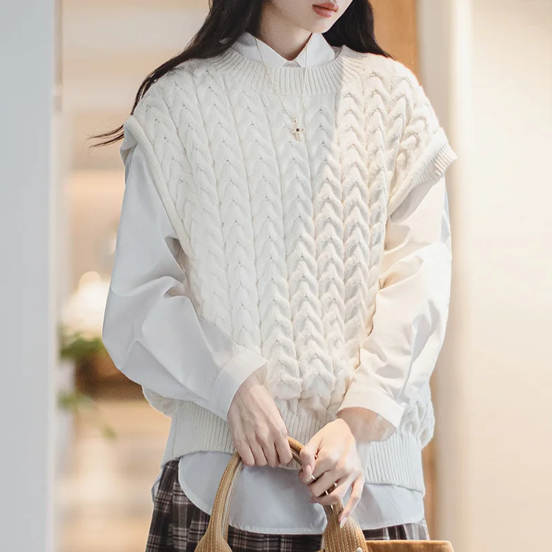 Maden Casual Detachable Knitted Sweater Vintage White Knit Pullover with Round Neck Vest for Women's Autumn and Winter Warm Tops