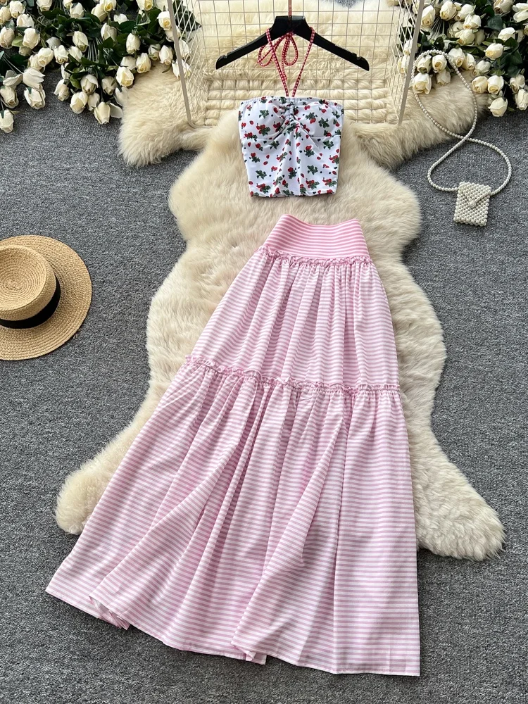 

Sweet Spicy Floral Print Crop Top And High Waist Skirt Two Piece Set Women's Slim Fit Summer Half Skirt Casual Fashion Set