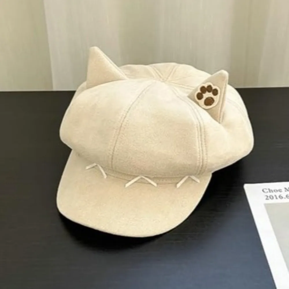 Modische Süße Schleifendesign Katzenohren-Mütze Warme Mütze Niedliche Katzenohren-Baskenmütze Vielseitiger Stil Achteckige Mütze für Herbst und Winter