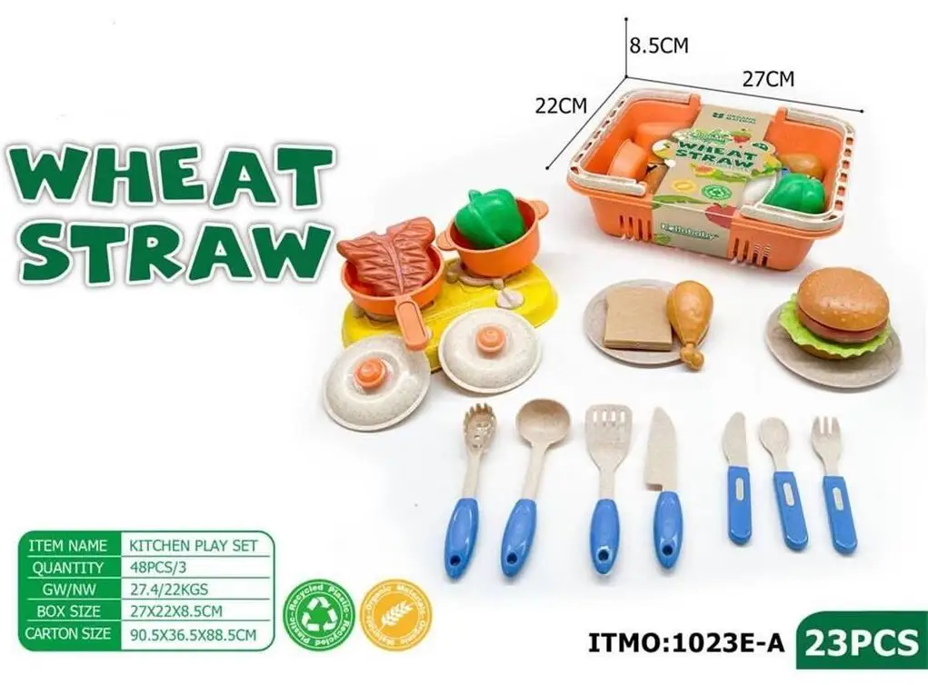 wheat straw children's family picnic set hamburger steak chicken leg bread knife fork spoon pot with basket toy