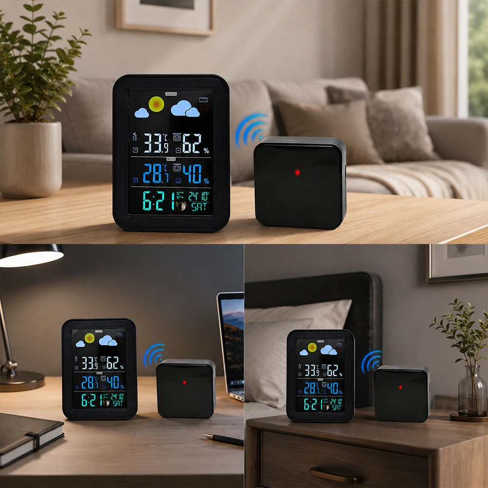 This 1-pc LED weather station alarm clock features a color display, accurate weather forecasts, two alarms, indoor/outdoor maxim