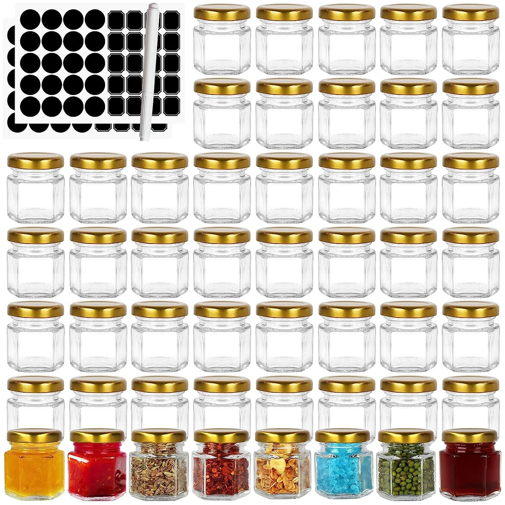 1.5 oz Hexagon Glass Jars with Golden Lids.24 Pack Mini Canning Jars Containers for Spice Jam,Jelly, Wedding Favors, Honey