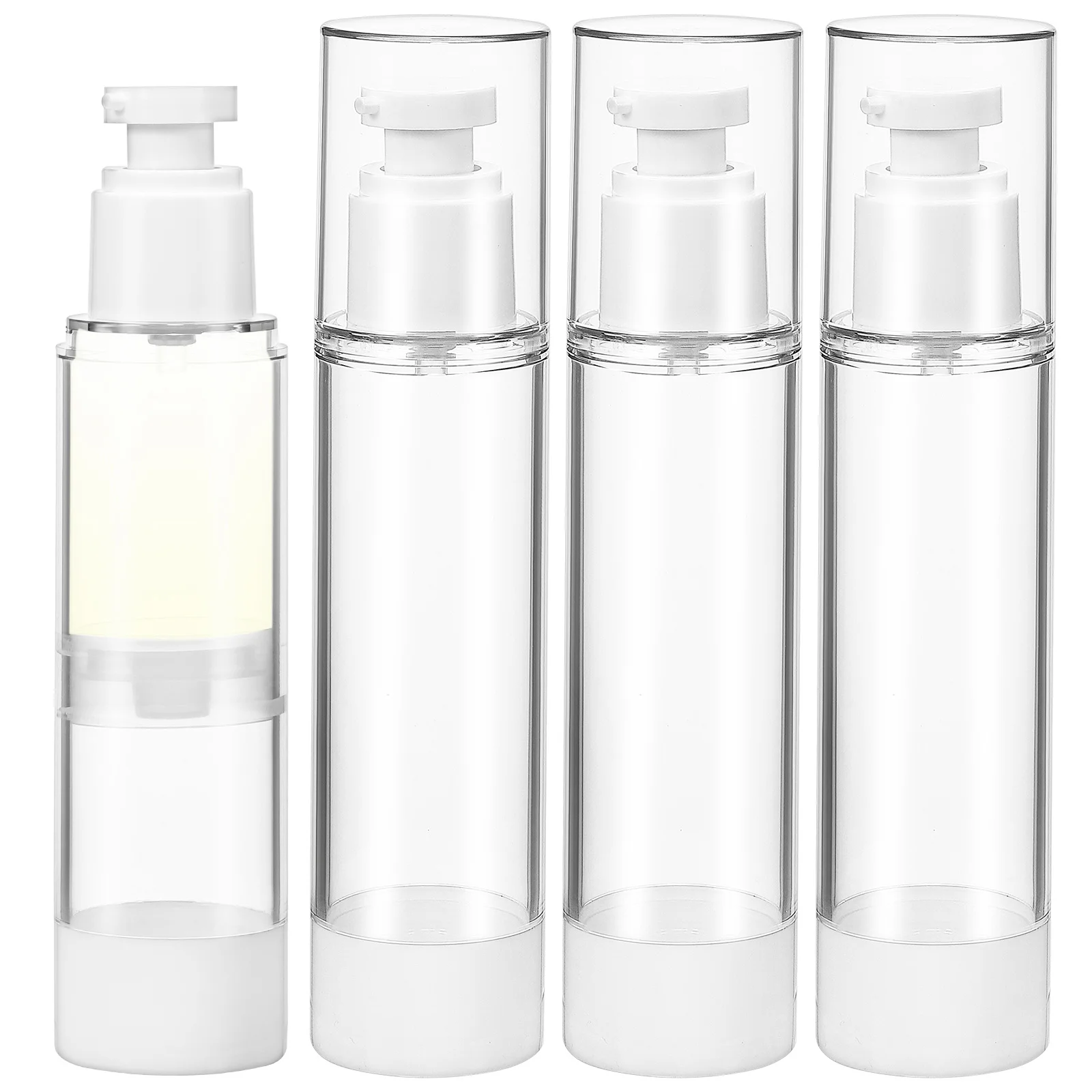 4 szt. Butelek z pompką airless 100 ml, wielokrotnego użytku, przezroczyste pojemniki na balsamy, idealne na podróż, na szampon, odżywkę, tonik, puste pojemniki na kosmetyki.