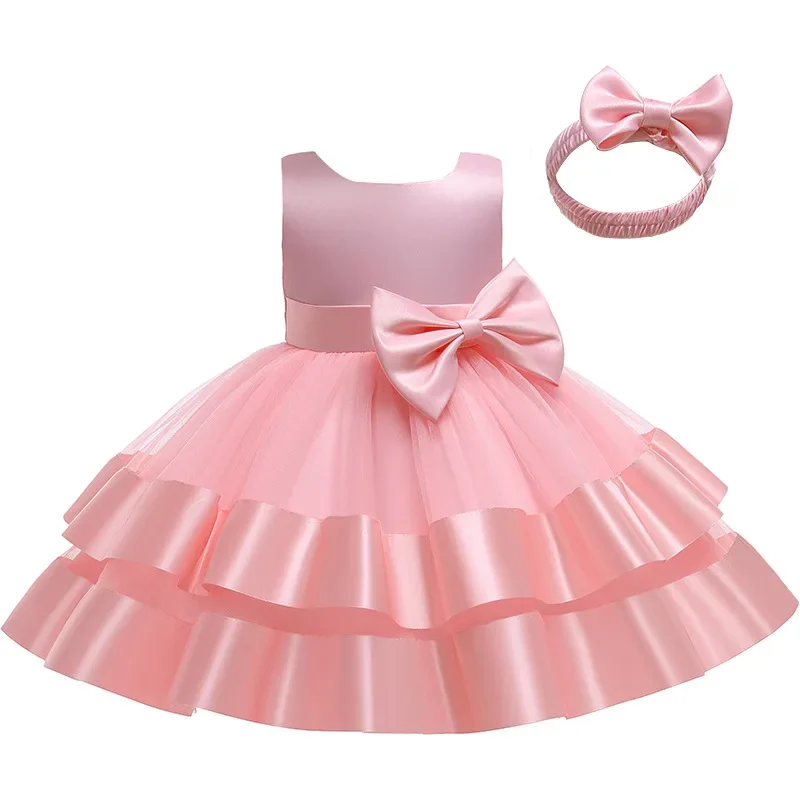 Satin Large Bow Girls Princess Dresses Puff Sleeves Children Vestido Host Wedding Birthday Party Tutu Dress Kids Fashion Clothes