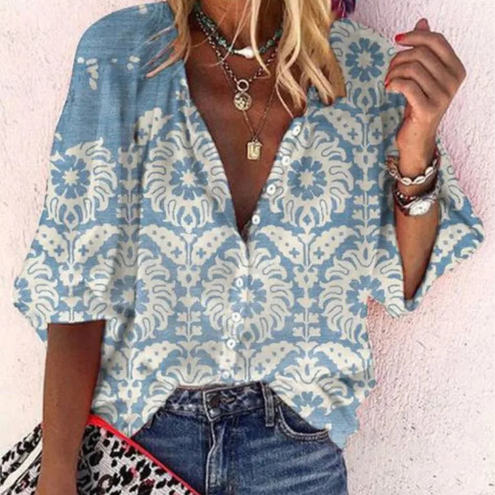 Ethnic Style Printed Cardigan Blouse 2024 Popular Fashion Autumn Women's Stand Up Collar Loose Button Retro Printed Casual Shirt