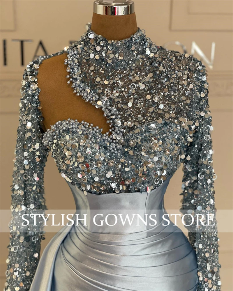 Abiti da sera con paillettes argento lucido Abito da festa con collo alto e spalle scoperte Abito africano con maniche a strascico laterale scavato personalizzato
