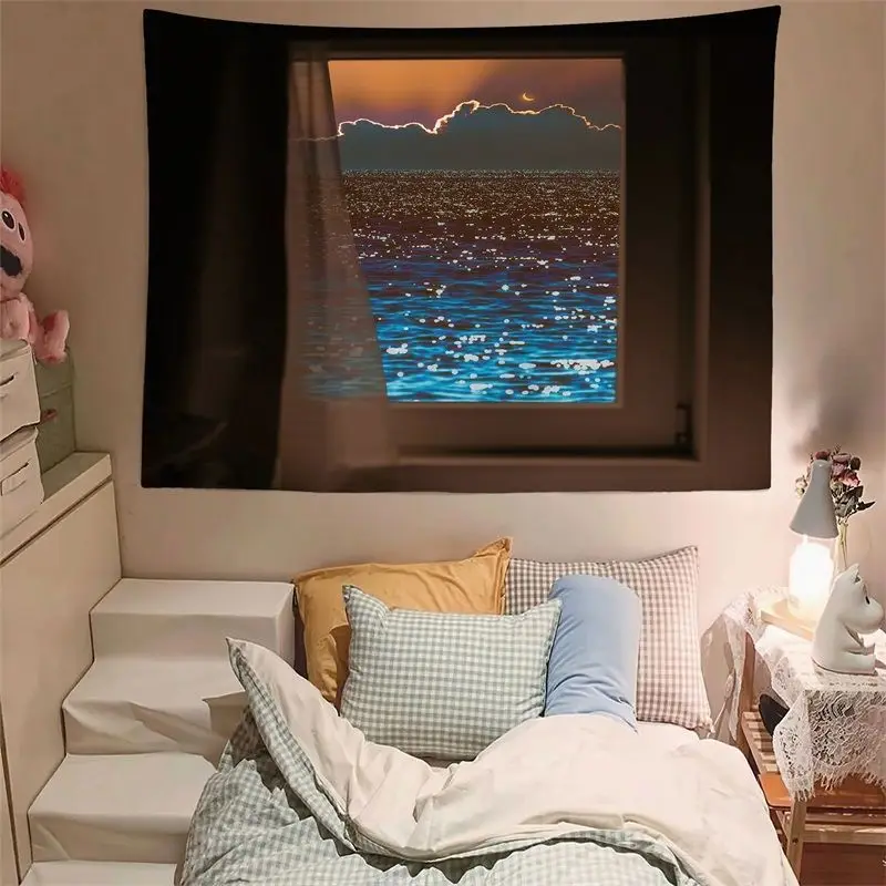 VIKAMA Simulation Window Scenery Moonlit Night Tapestry High-Definition Wear-Resistant Fabric Living Room Decoration