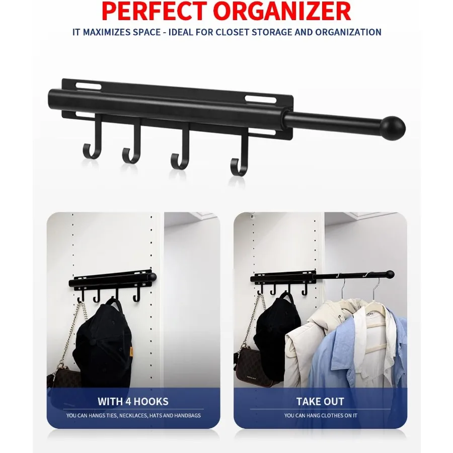 12 inch Valet Rod for Closet Pull Out Closet Valet Rod With 4 Hooks Black Extending Closet Rod Standard Telescopic Closet Rod O