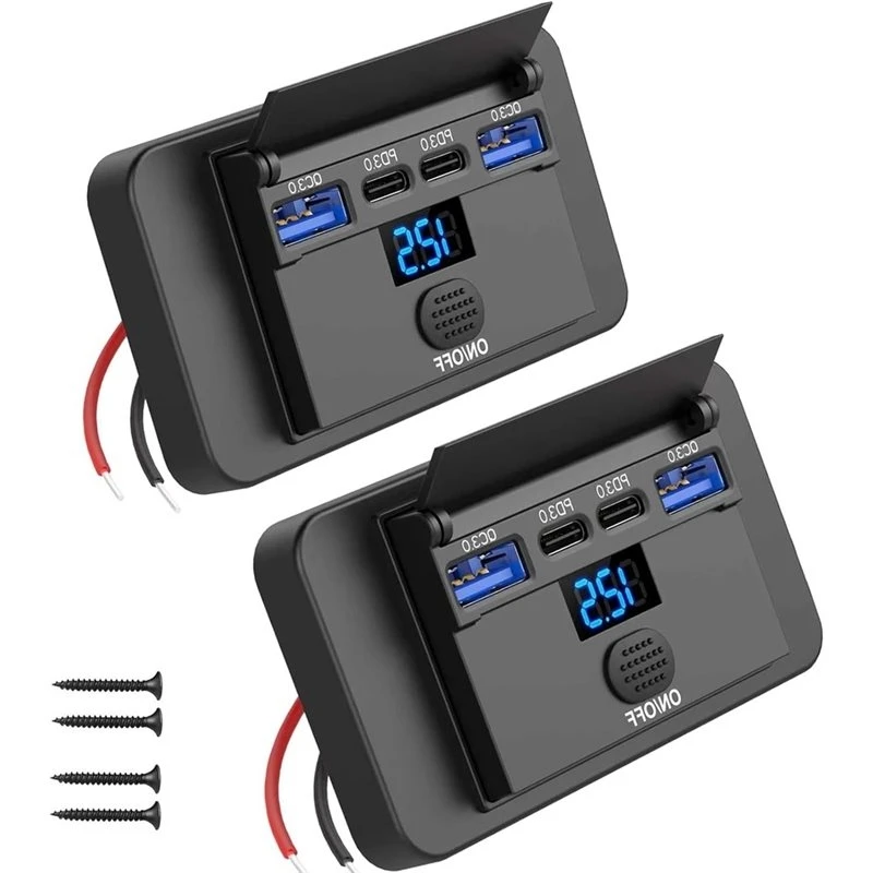 Dual PD And QC3.0 12V USB Outlet Surface Mount 4 Port With Voltmeter, 2 Pack Car USB Charging Sockets Charger