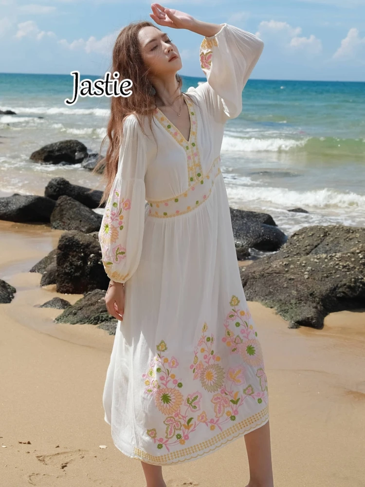 

Jastie Seaside Travel Holiday Beach Dresses Women's V-neck Cotton Ethnic Style Embroidered Dress Long Sleeve Vestidos Fall 2024