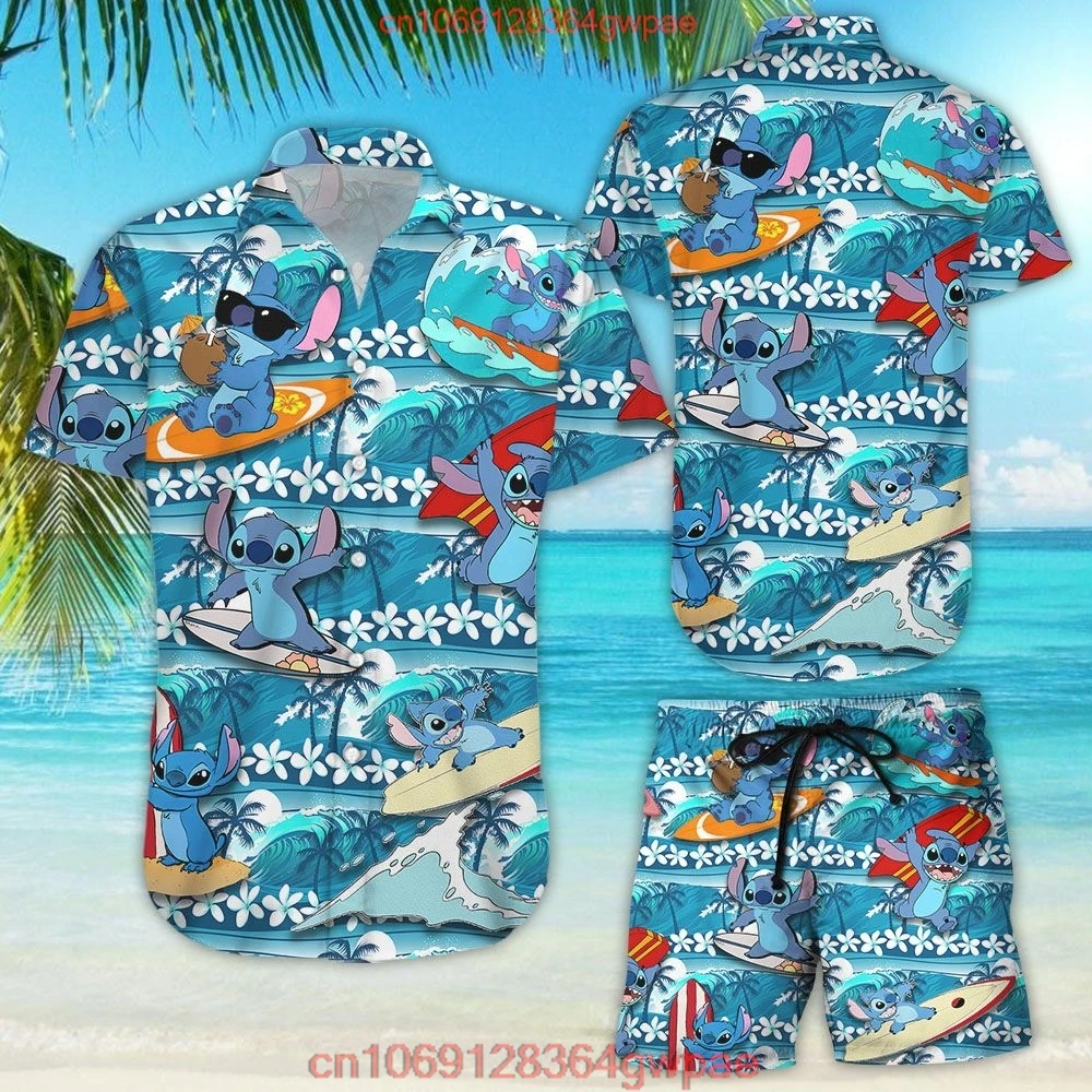 Disney Stitch Men Women Hawaiian Shirt Set of 2 Vintage Button Up Shirt Board Shorts Casual Set Summer Disney Hawaiian Shirt Set