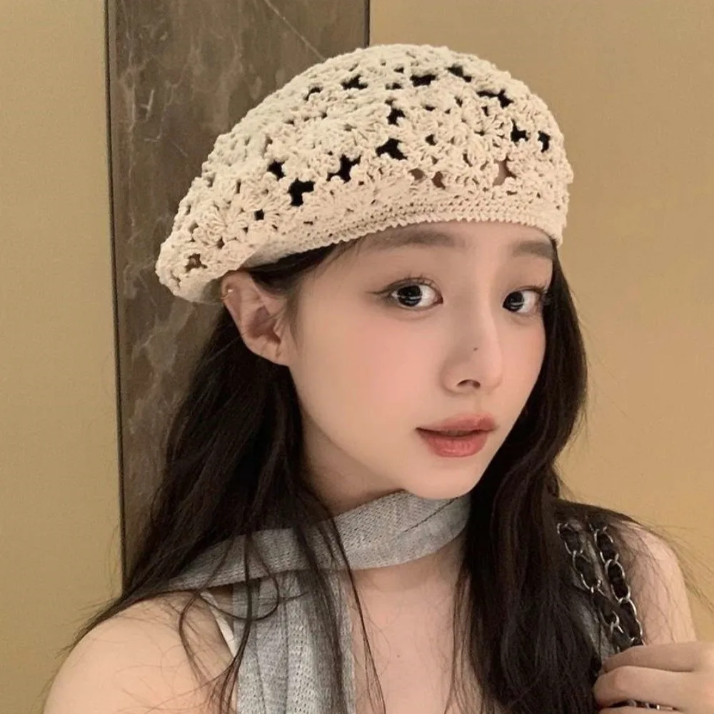 

Elegant Breathable Flower Hat Thin Big Head Circumference Hollowed Out Beret Headgear All-match Crochet Knitted Cap Party