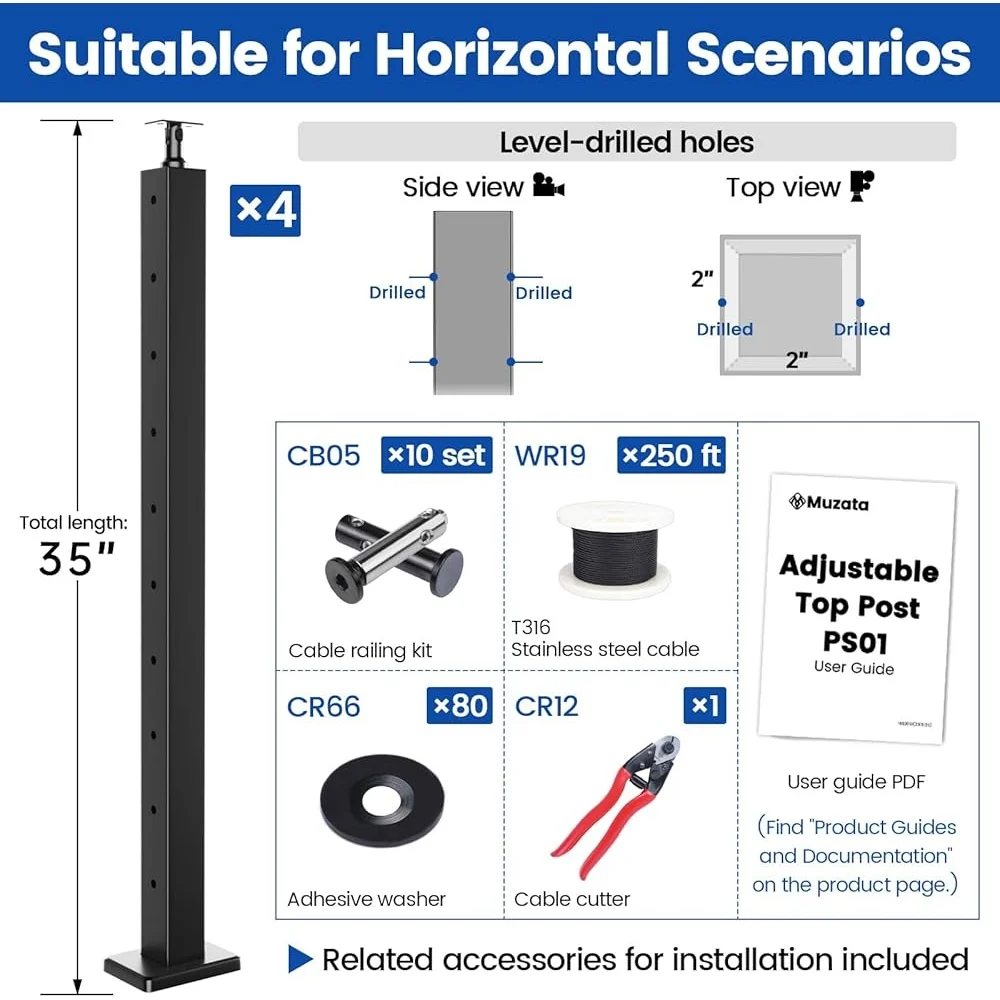 Kit completo de poste de trilhos de cabo de 15-20 pés, sem botins, 36 polegadas, aço inoxidável, fácil instalação, solução modular diy, 4 componentes de pacote