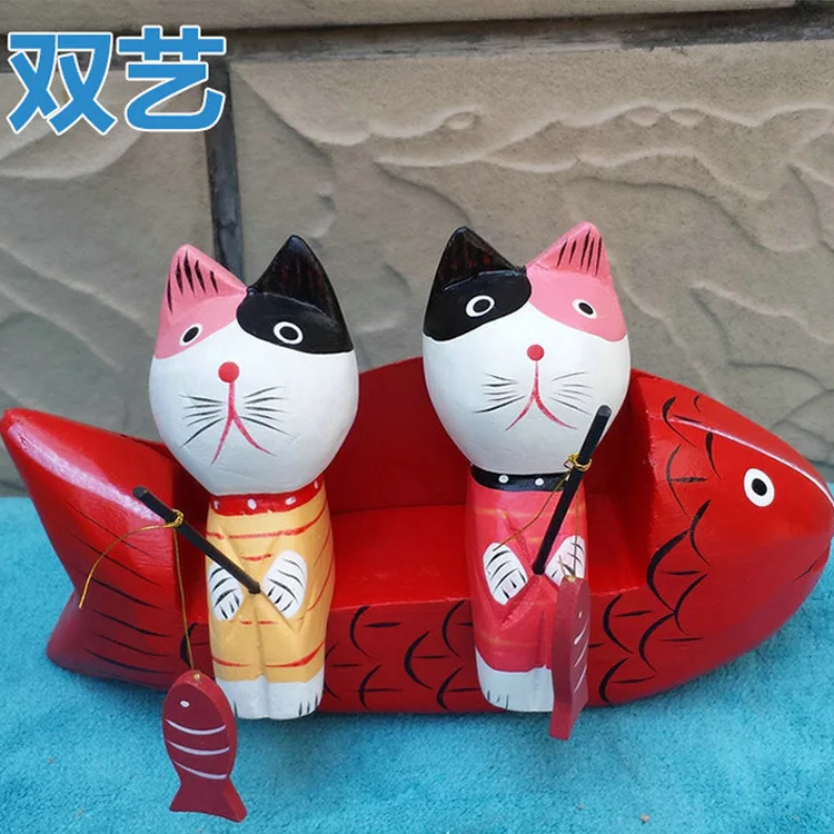 Mediterranean Style Creative New Cat Fishing Pure Handmade Wooden Fish Sofa Decoration Mediterranean Grocery