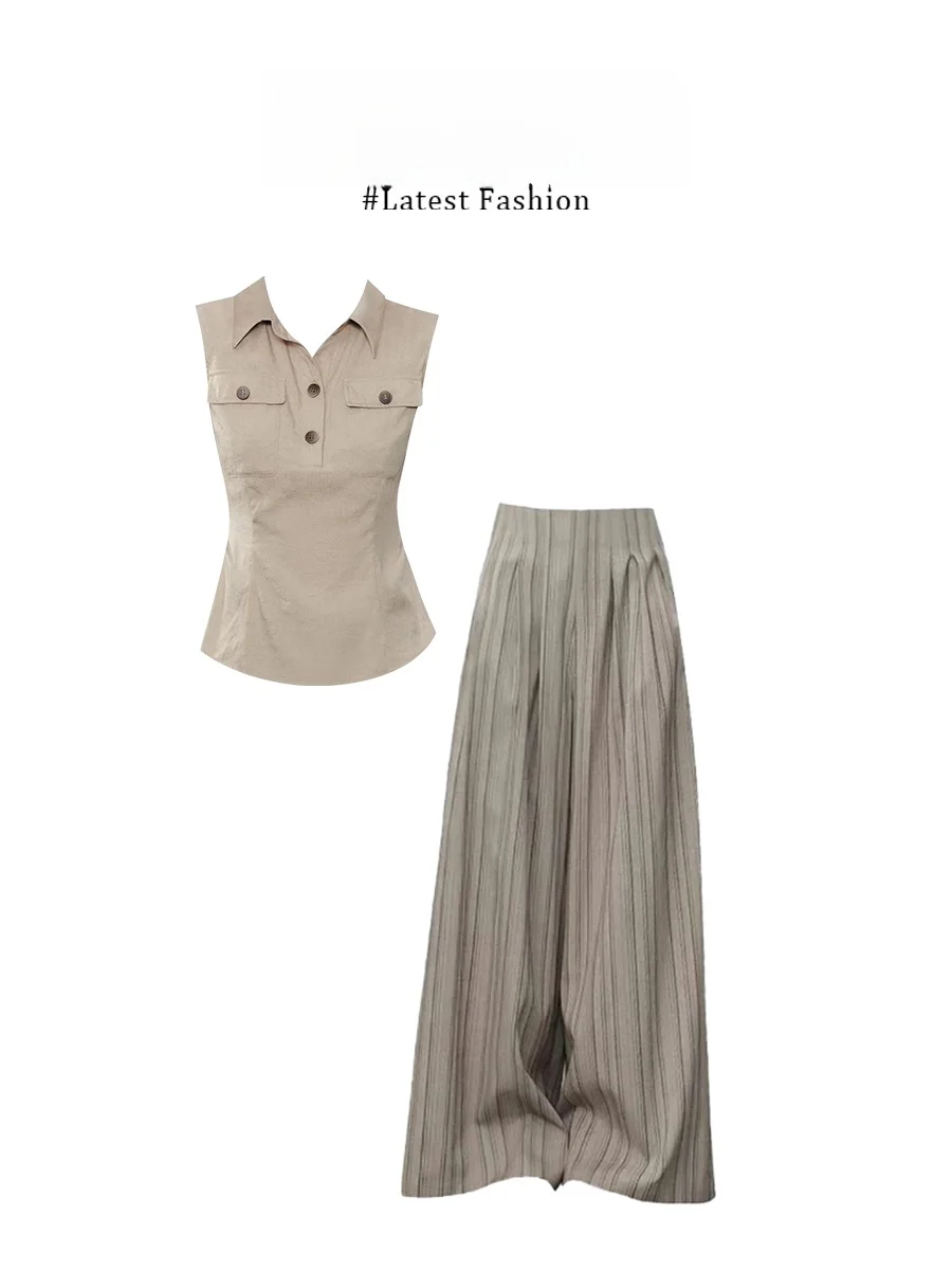 

Летний модный комплект Parkyeon: женский жилет без рукавов и повседневные брюки, элегантный готовый образ во французском стиле, с круглым вырезом и коротким рукавом