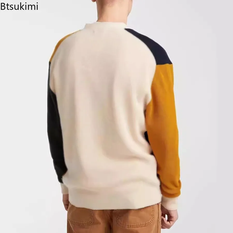 ผู้ชายใหม่ Casual เสื้อถักเสื้อสเวตเตอร์ถักแฟชั่น Patchwork แขนยาวถักเสื้อกันหนาวเสื้อฤดูใบไม้ผลิฤดูใบไม้ร่วง Vintage Contrast สีเสื้อกันหนาว