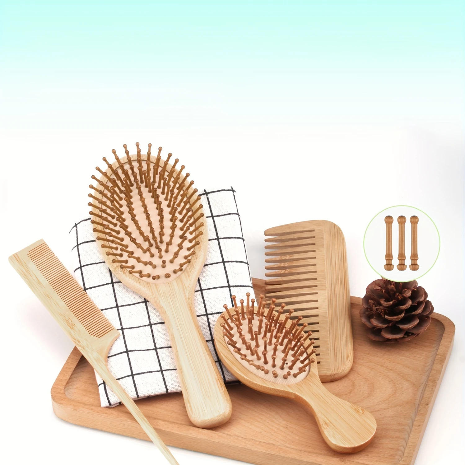 4pcs/Set Luxurious Bamboo Wooden Finishing Comb Set - Wide Tooth Comb for Normal Hair, Air Cushion Comb, Rat Tail Comb, Ergonomi