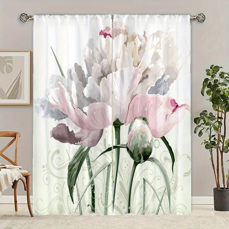 2pc Peony print curtains, polyester fabric, machine washable, suitable for bedroom and living room decoration