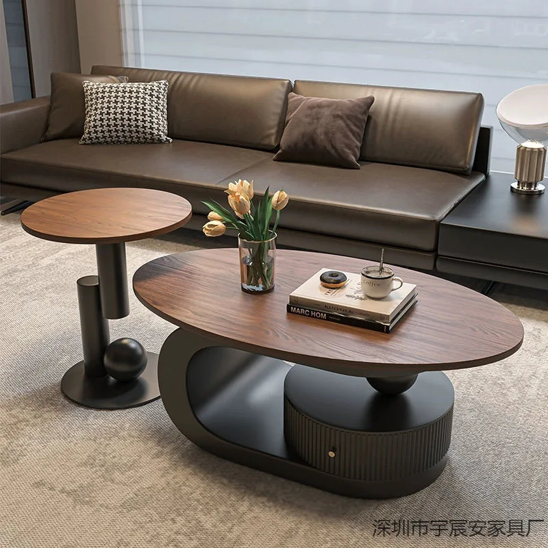 

DSA light luxury walnut color oval coffee table living room household small apartment coffee table combination simple and modern