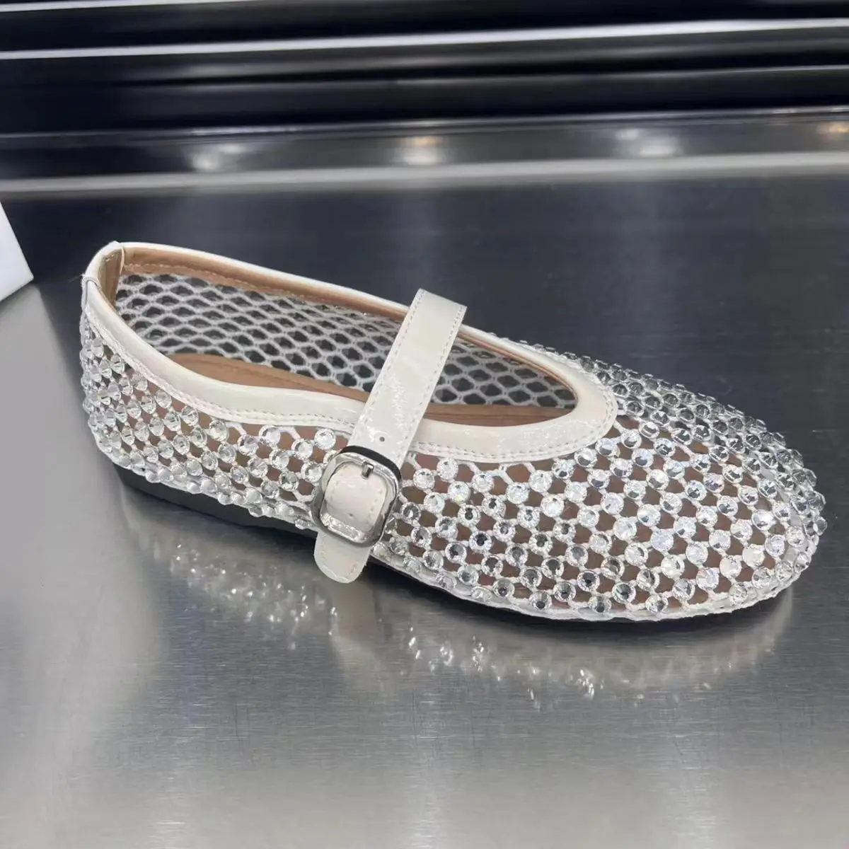 Women Sandals 2024 Summer New Crystal Mesh Women Ballet Flats Buckle Strap Mary Janes Sandals Fashion Beach Shoes Zapatos Mujer