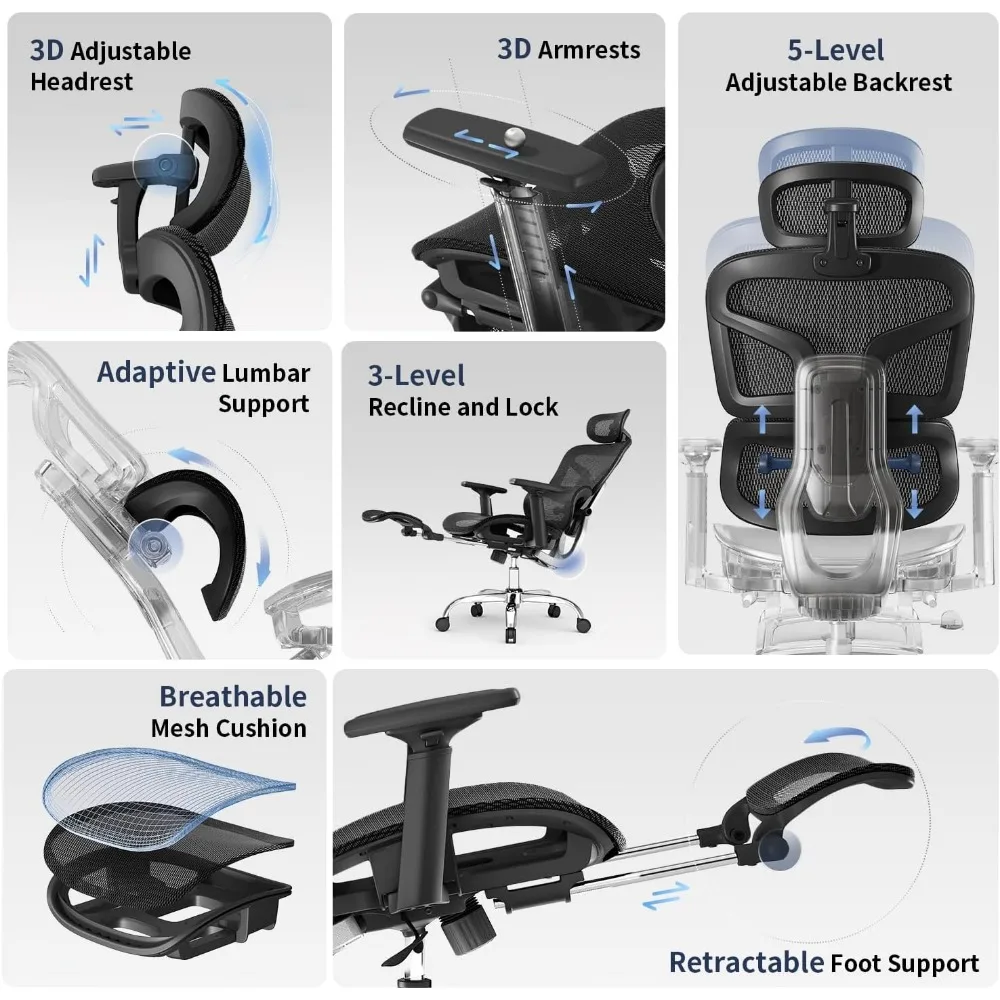 كرسي مكتب مريح مع مسند ظهر قابل للتعديل مكون من 5 مستويات، ودعم قطني متكيف، ومسند رأس ثلاثي الأبعاد قابل للتعديل، ومساند للذراعين ثلاثية الأبعاد، ومسامي M