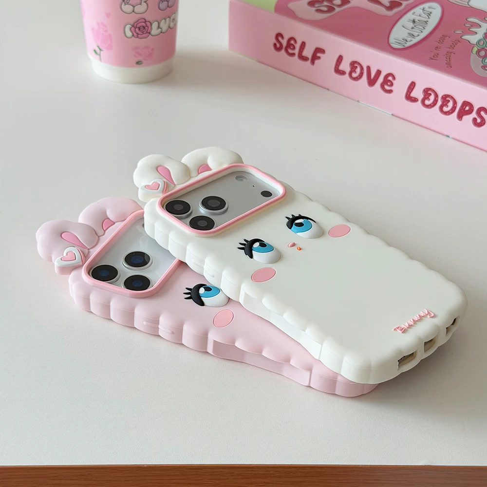Kawaii 3D Cartoon Hasen-Handyhülle aus weichem Silikon für iPhone 16 17 18 Pro Max, niedliche, stoßfeste Rückseite mit Trageband, Fundas – Detail 6