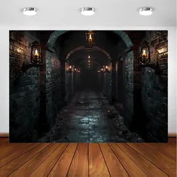 Gothic castle fabric background - versatile polyester walls with old black bricks, stone arches and torches for Halloween