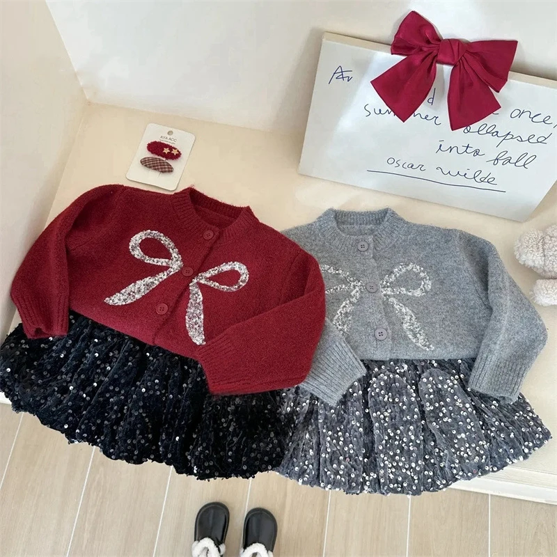 Kids Girls Cute Sweater+Shiny Skirt One Breasted Long Sleeve Bows Knitting Cardigan Coat High Waist A-line Sequins Mini Skirts